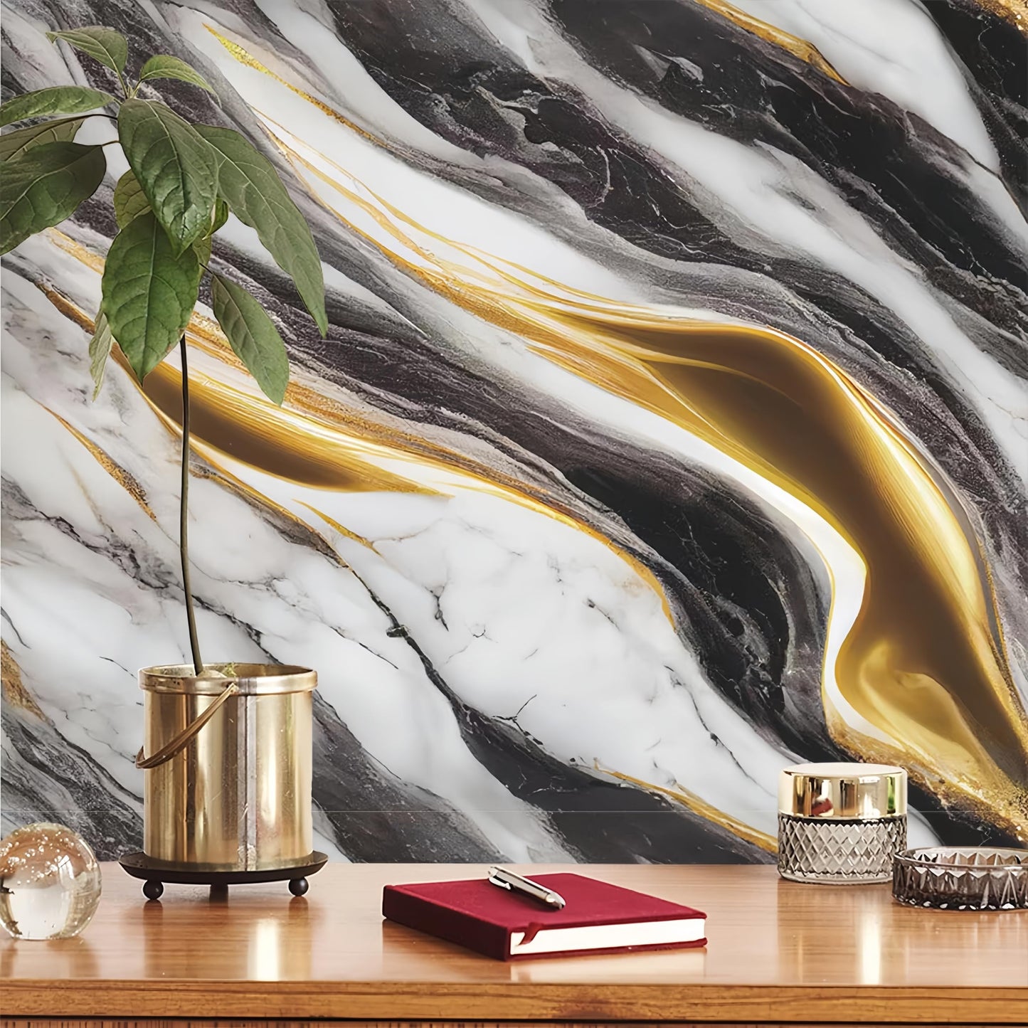 mwpqbd Wallpaper Kitchen Cooktop Oil Resistant Sticker Furniture Renovation Sticker Living Room TV Background Marble Texture Light Luxury Wallpaper Self-Adhesive (Black Gold Grain)