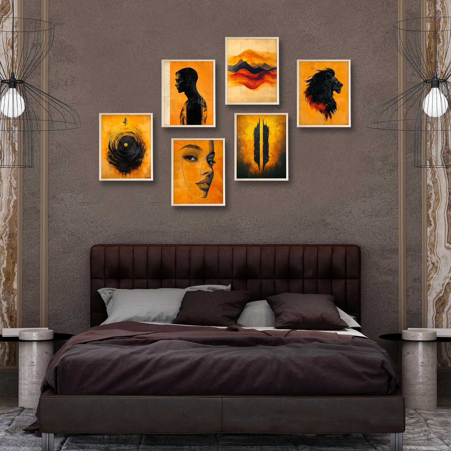 Eastern Print Set of 6 Abstract Masculine Wall Art Prints – Bold Orange & Black Lion, Silhouette, Face Line Posters – Modern Unframed 8x10 Decor for Men’s Room, Office, Man Cave or Creative Studio