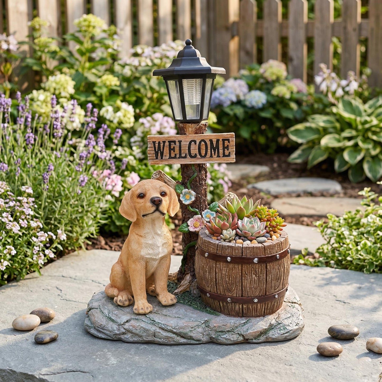 UNOIRNM Golden Retriever Puppy Garden Statue - with Solar Light and Wood Barrel Planter, 18.5" Tall Welcome Dog Figurine for Lawn Decor, 9.3 lbs Durable Resin Outdoor Ornament, 15.4" Length