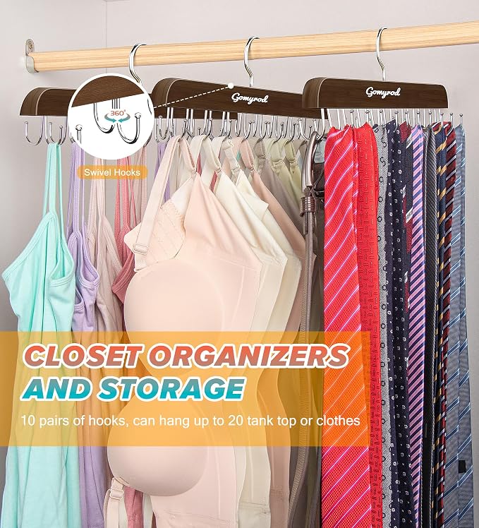 Gomyrod Bra Hanger for Closet, 2 Pack Tank Top Hangers w/20 Hooks Holds 40 Bras, Capacity Foldable Wood Space Saving Hanger, 360°Rotating Closet Organizers and Storage for Dorm & Apartment（Brown）
