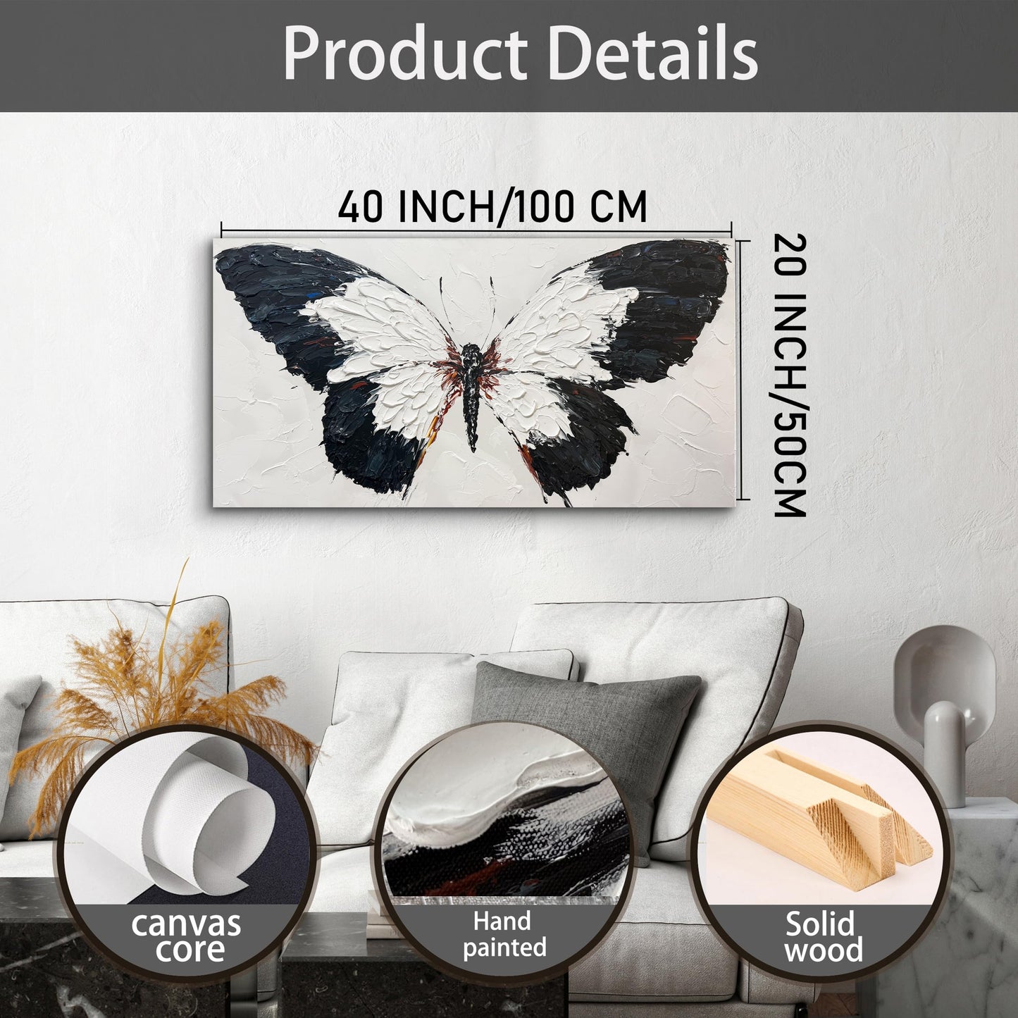 Tarfupth Black and White Butterfly Wall Art for Living Room Hand Painted Butterfly Oil Painting Texture Pictures Large Artwork for Bedroom Office Kitchen Room Aesthetic Decoration 20"x40"