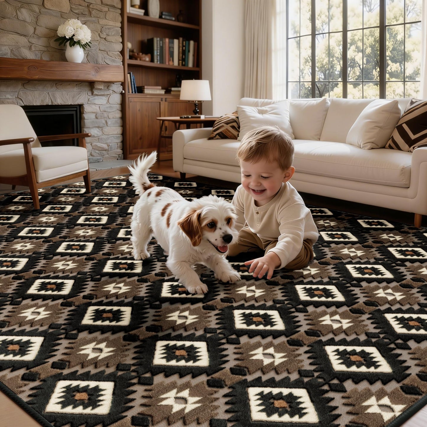 Aztec Area Rug 8x10, High-Low Plush Pile Western Washable Rugs for Living Room Bedroom, Boho Moroccan Geometric Non Slip Textured Fluffy Nursery Carpet Soft Indoor Shag Rugs for Dining Room, Brown
