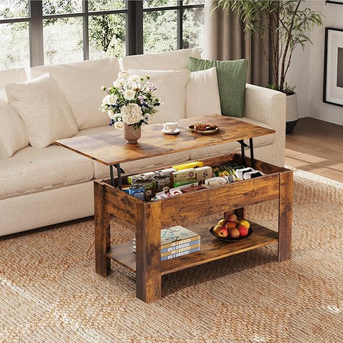 WLIVE Coffee Table, 39" Lift Top Coffee Table with Hidden Compartment, Storage Shelf and Lifting Top for Home Living Room, Office and Reception Room, Rustic Brown