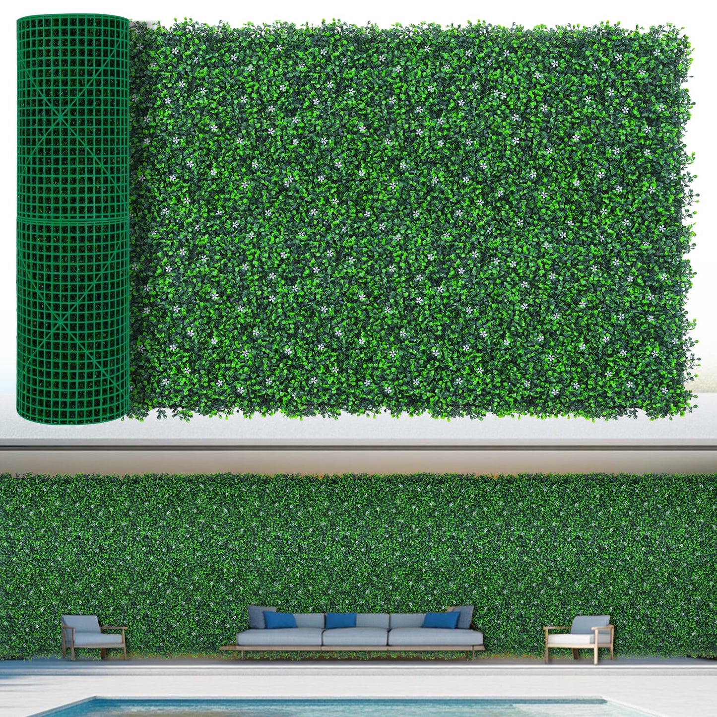 EverNture 40"x120"(33.3 SQFT) Grass Wall Panels, Artificial Grass Backdrop, Fake Greenery Plant Boxwood Roll with Flower, Green Wall Decor for Outdoor Indoor Patio Garden Backyard
