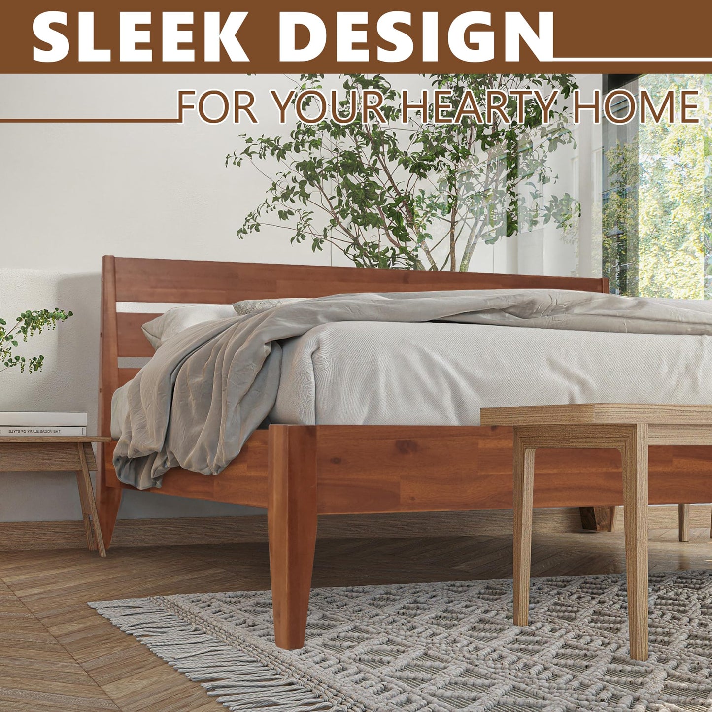 Acacia Emery Bed Frame with Headboard Solid Wood Platform Bed, King Size Bed Frame, Mid - Century Modern Wood Bed Compatible with All Mattresses, Easy Assembly, Non-Slip, Walnut