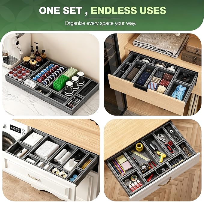 9-Pack Solid Wood Junk Drawer Organizer, Modular Desk Drawer Tray & Accessories with Non-Slip Pad, Multi-Use for Kitchen, Office, Bedroom Dresser, Utensil, Makeup, Stationery, Tea Bags & Coffee Pod