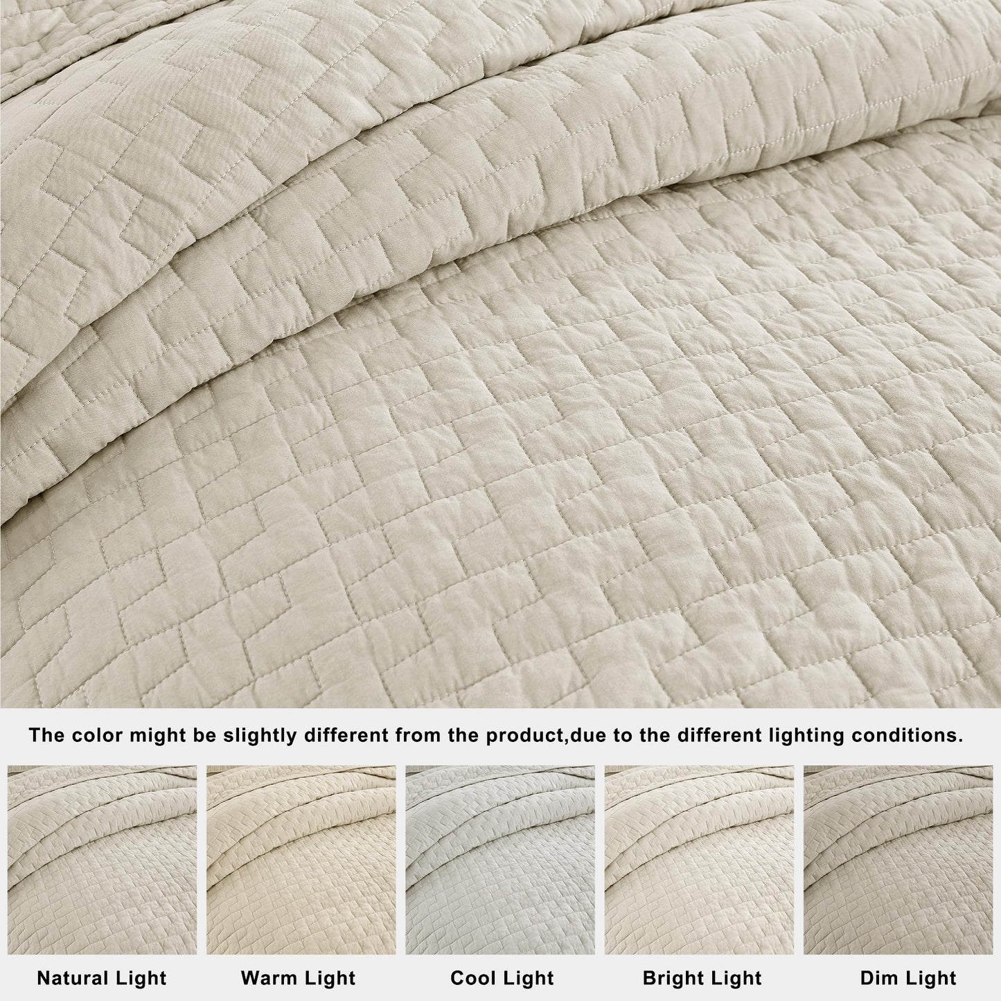 palassio Beige 100% Cotton Quilt Queen Size Bedding Sets with 2 Pillow Shams, Textured Lightweight Soft Bedspread Shabby Chic Coverlet, Neutral Quilted Comforter Bed Cover for All Season, 3 Pieces