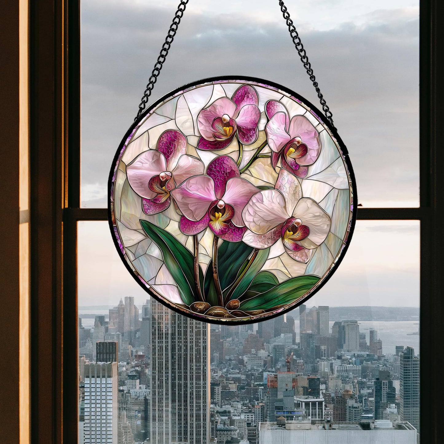 AMDERVEN Stained Glass Window Hanging - Pink Purple Phalaenopsis Flowers Sun Catcher for Door Home Decor Plant Suncatcher Christmas Mother's Day Birthday Gifts for Women Men Mom Nana 6.3 in