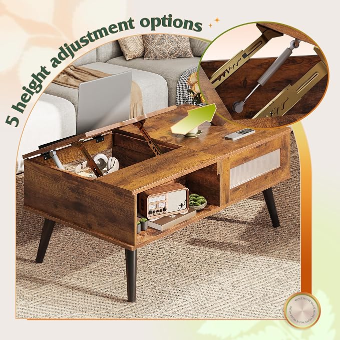 WLIVE Coffee Table, Lift Top Coffee Table with Storage Shelf, Drawer, Height Adjustable and Tilting Tabletop for Living Room, Mid Century Modern, Wood, Rustic Brown
