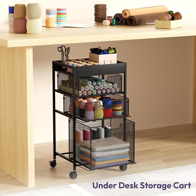 SWTYMIKI Rolling File Cart with Drawers - 4 Tier Under Desk Storage Craft Rolling Organizer Cart - Office Storage &Organization, Mobile Metal Filing Cabinet for Office and Home Black