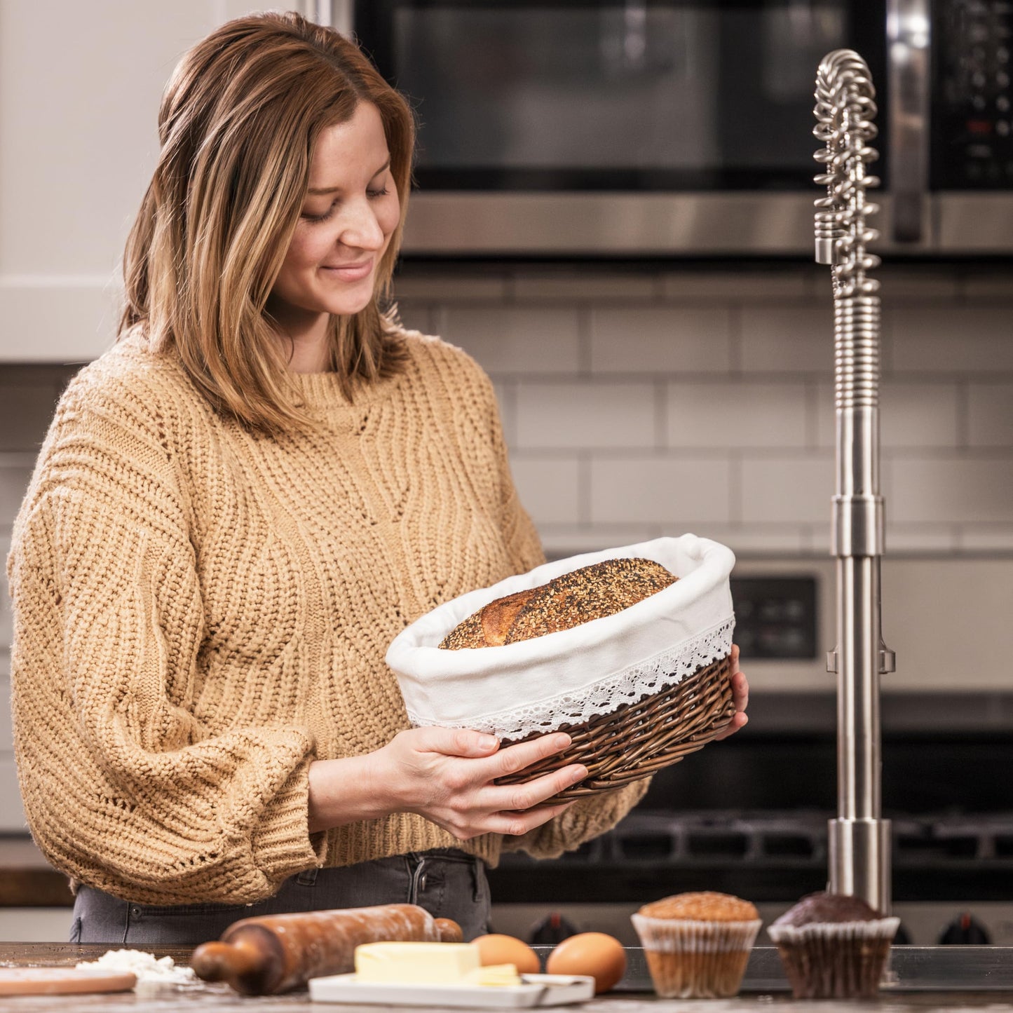 CASADEMA Bread Warmer Basket with Warming Stone (Large Oval 12 x 9) - Bundled w/Linen Bread Bag & Bread/Sugar Saver - Bread Baskets for Serving with liner and lid - Bread Serving Basket for Table