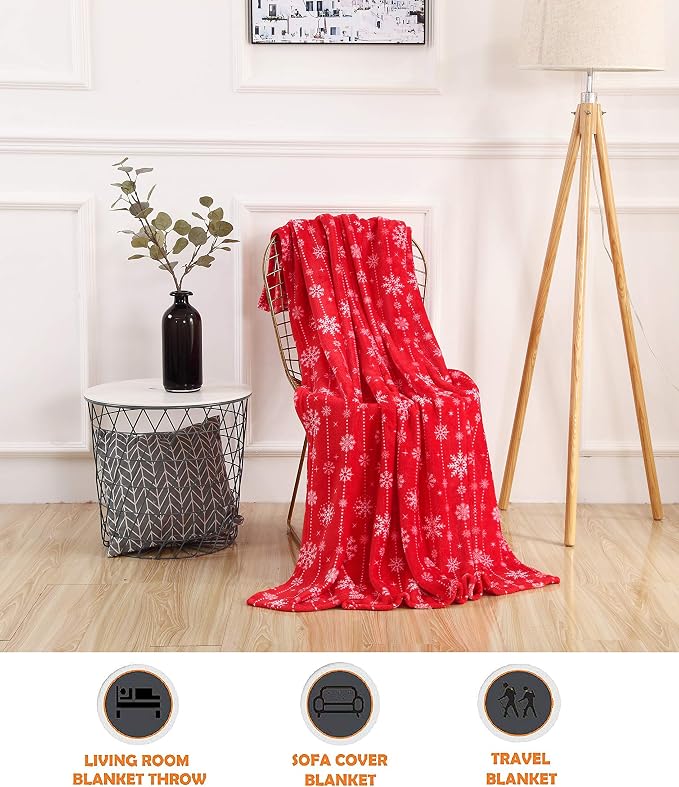Elegant Comfort Luxury Velvet Super Soft Christmas Prints Fleece Blanket-Holiday Theme Home Décor Fuzzy Warm and Cozy Throws for Winter Bedding, Couch and Gift, 50 x 60 inch, Snowflakes