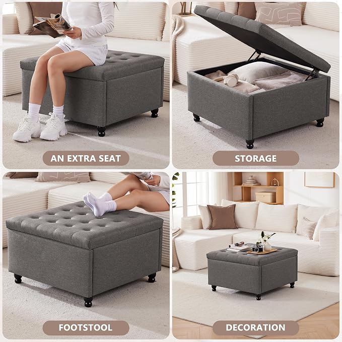 Weture 30 Inch Large Square Storage Ottoman Coffee Table, Oversized Square Ottoman with Storage, Tufted Upholstered Coffee Tables for Living Room (Fabric, Dark Grey)