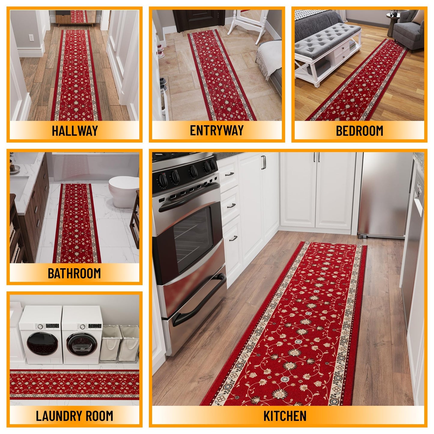 Ottomanson Aisle Runner Rug 2'7" x 50' – Soft Non-Slip Rug, Low Pile Carpet for Hallways, Events, Churches & Extra-Long Indoor Spaces, Mahal Red