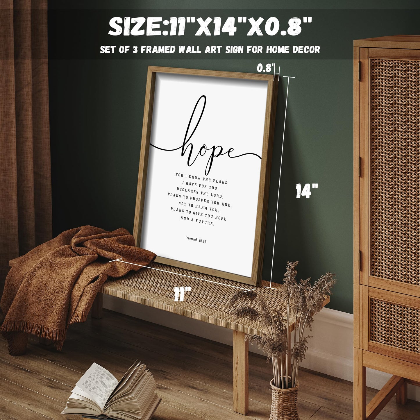 Houmury Set of 3 Framed Farmhouse Bible Verses Wall Decor Sign 11”x14” Christian Faith Scripture Wall Art for Home Living Room Bedroom Wall Decor (11"x14" Brown)