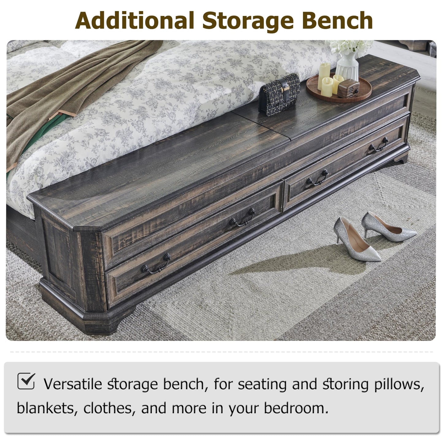 T4TREAM Farmhouse Queen Bed with Headboard and Storage Bench, Rustic Wood Platform Bed with 64" Storage Chest w/ 4 Large Drawer, Dark Rustic Oak