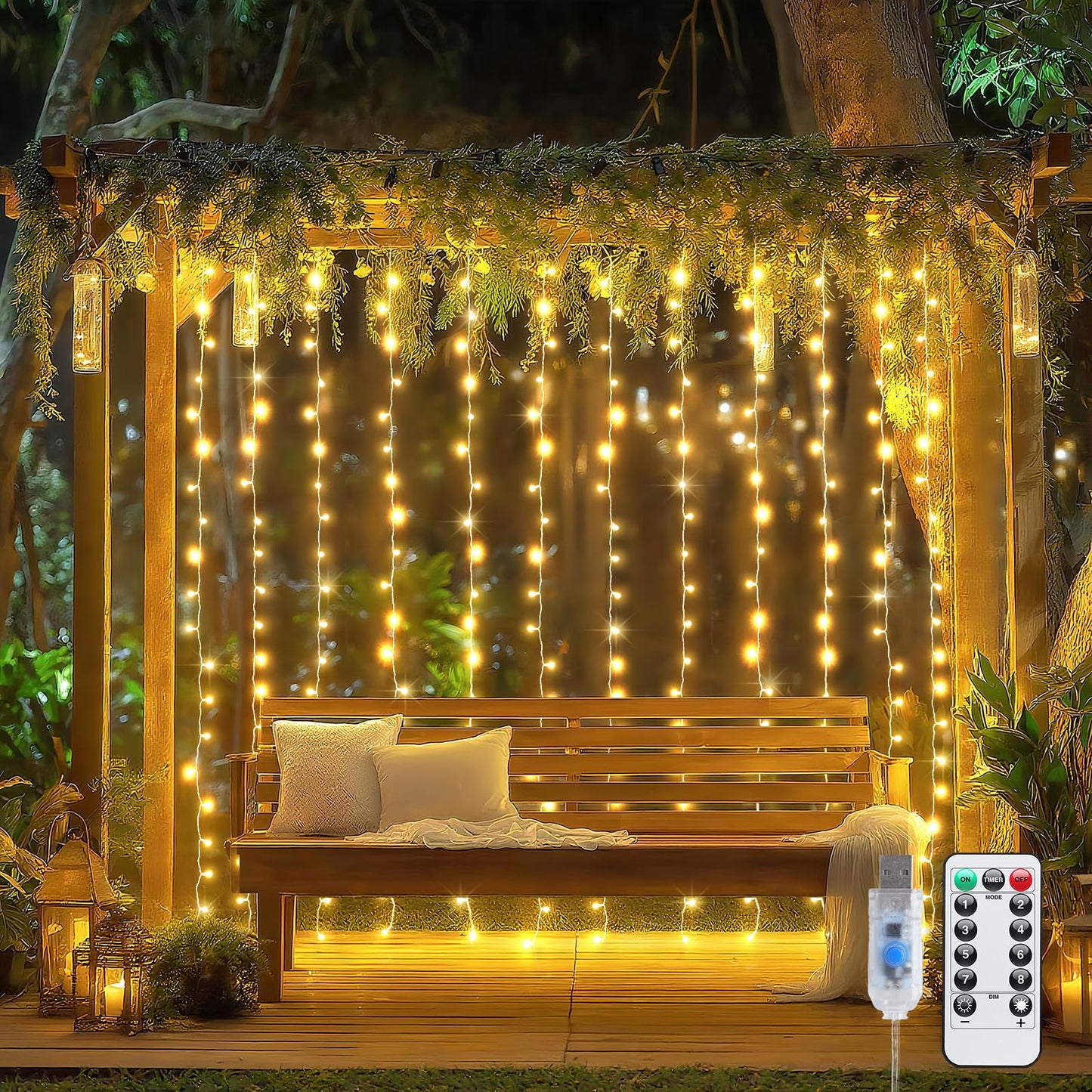 JMEXSUSS 200 LED Curtain Lights for Bedroom, Warm White Curtain Fairy Lights for Backdrop Indoor, USB Hanging String Lights with Remote for Wall Backdrop Wedding Party Decor, 6.5ftx6.5ft