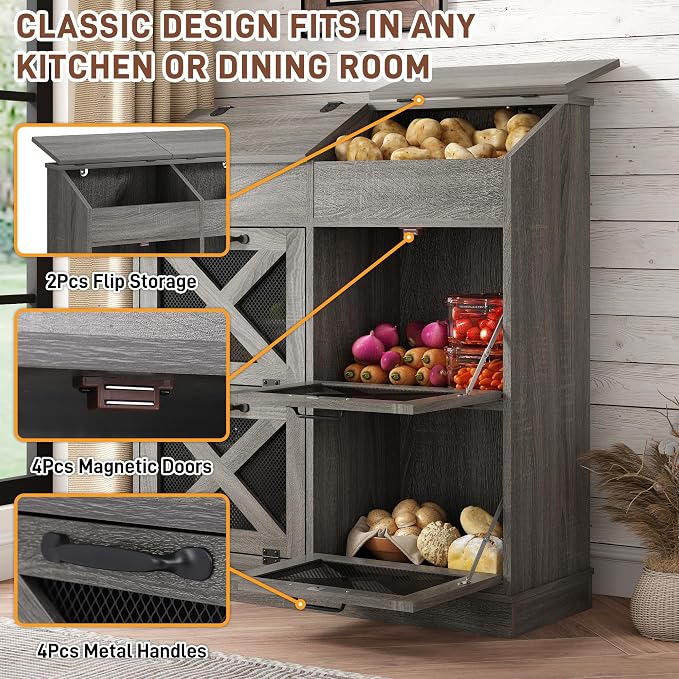 Potato And Onion Storage Bin with Lid,Veggie Bin W/6 Large Storage Box.Root Vegetable Storage Box For Kitchen,Farmhouse Potato Storage Bin W/4 Mesh Doors,Bread Keeper for Toast,Bagel,Donut,Cookies