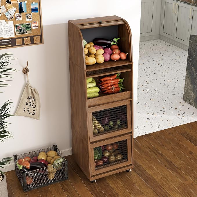 4 Tier Large Potato Storage Bin, Tall Wood Potato and Onion Storage Bin with Wheel, Movable Fruit and Vegetable Basket, Food Small Kitchen Pantry Cabinet, Wooden Bread Box, Walnut, Sliding Door