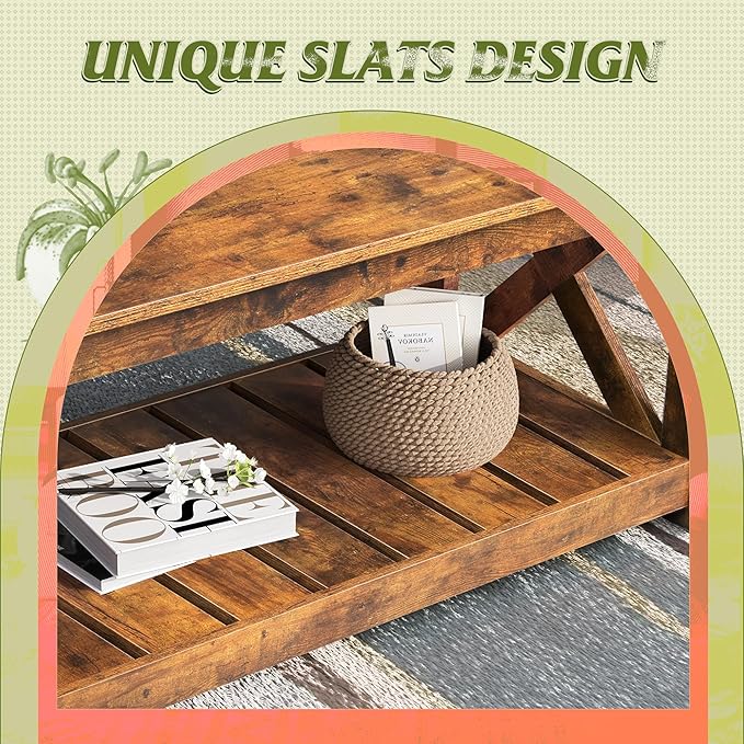 WLIVE Coffee Table, 40.1" Farmhouse Coffee Table with Slatted Storage Shelf & X-Shape Frame, 2-Tier Wood Center Table for Living Room, Balcony, Retro Brown
