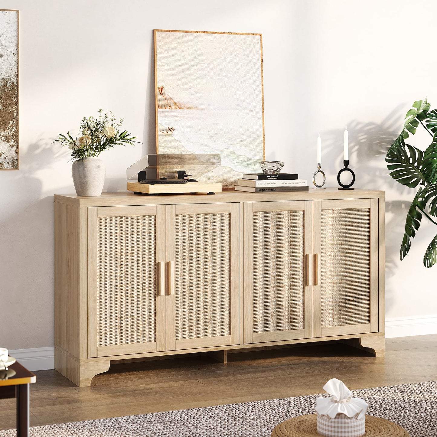 IDEALHOUSE Natural Rattan Sideboard Buffet Cabinet with Storage, Farmhouse Large Rattan Cabinet with 4 Doors, Wood Accent Coffee Bar Buffet Console Tables for Kitchen Living Room Entryway