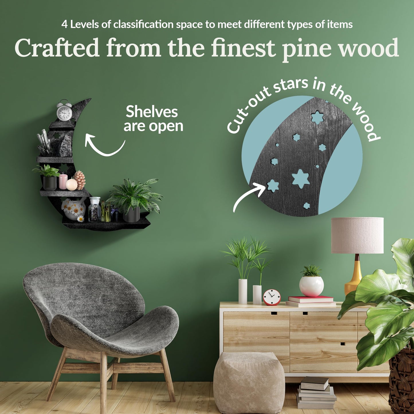 Moon Shaped Shelf Wall Decor - Hanging Black Crescent Wooden Shelf with Stars - Display Shelf for Crystals, Essential Oils, Small Decor, Tall Decor, Trinkets