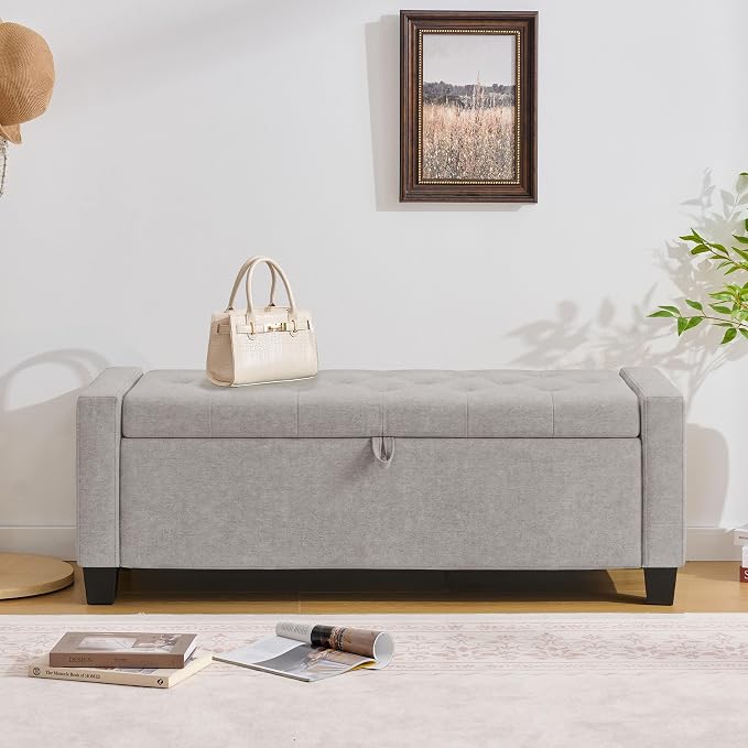 Huatean Home 43" Ottoman with Storage, Storage Ottoman Bench with Safety Hinge, Upholstered Entryway Bench with Seating for Bedroom, Living Room, Holds up to 330 lb(Light Gray)