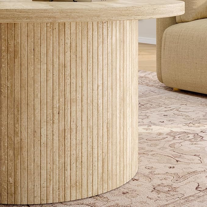 ONBRILL 31.5" Round Coffee Table, Tambour Design Coffee Tables for Living Room, Mid Century Modern Wood Coffee Table, Drum Accent Small Center Table, Travertine Texture