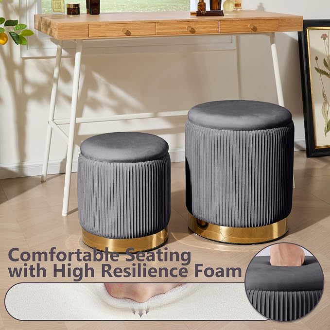Royal Windsor Round Ottoman with Storage Set of 2, Vanity Stool with Storage for Bedroom, Ottoman Coffee Table Gold-Tone Ring Around the Base, Small Velvet Foot Stool for Living Room, Grey