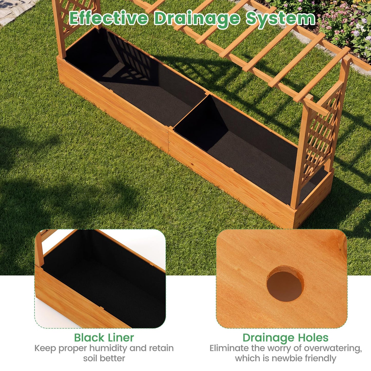 Giantex 2 Pcs Raised Garden Bed with Trellis & Hanging Roof, Wood Planter Box with Bottom & Drainage Holes, Freestanding Garden Planter for Flower Fruit Vegetable Herb Climbing Vine (77"x14.5"x45")