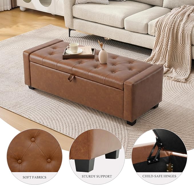 Huatean Home 48" Ottoman with Storage, Storage Ottoman Bench with Safety Hinge, Upholstered Entryway Bench with Seating for Bedroom, Living Room, Holds up to 330 lb, Brown
