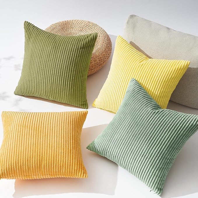 Topfinel Decorative Throw Pillow Covers 18x18 Inches Set of 4,Striped Corduroy Sage Green Yellow Color-Clash Design Cushion Cover,Pillow Case for Bedroom Couch Sofa Living Room,Summer Home Decor
