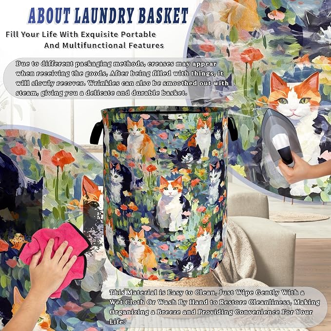 Watercolor Cats Laundry Hamper Foldable Oxford Cloth Cute Animal Cat Laundry Basket With Handle Portable Clothes Storage Organizer Basket 18.9"x16.5" Storage Bag For Laundry Room/Bathroom/Bedroom