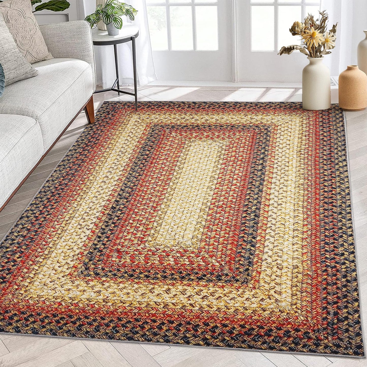 ROYHOME Braided Print Area Rugs Washable Rug 4x6 Boho Aesthetic Carpet Modern Geometric Rug Bohemian Floor Cover Distressed Throw Rugs for Living Room Bedroom Nursery Kitchen, Red