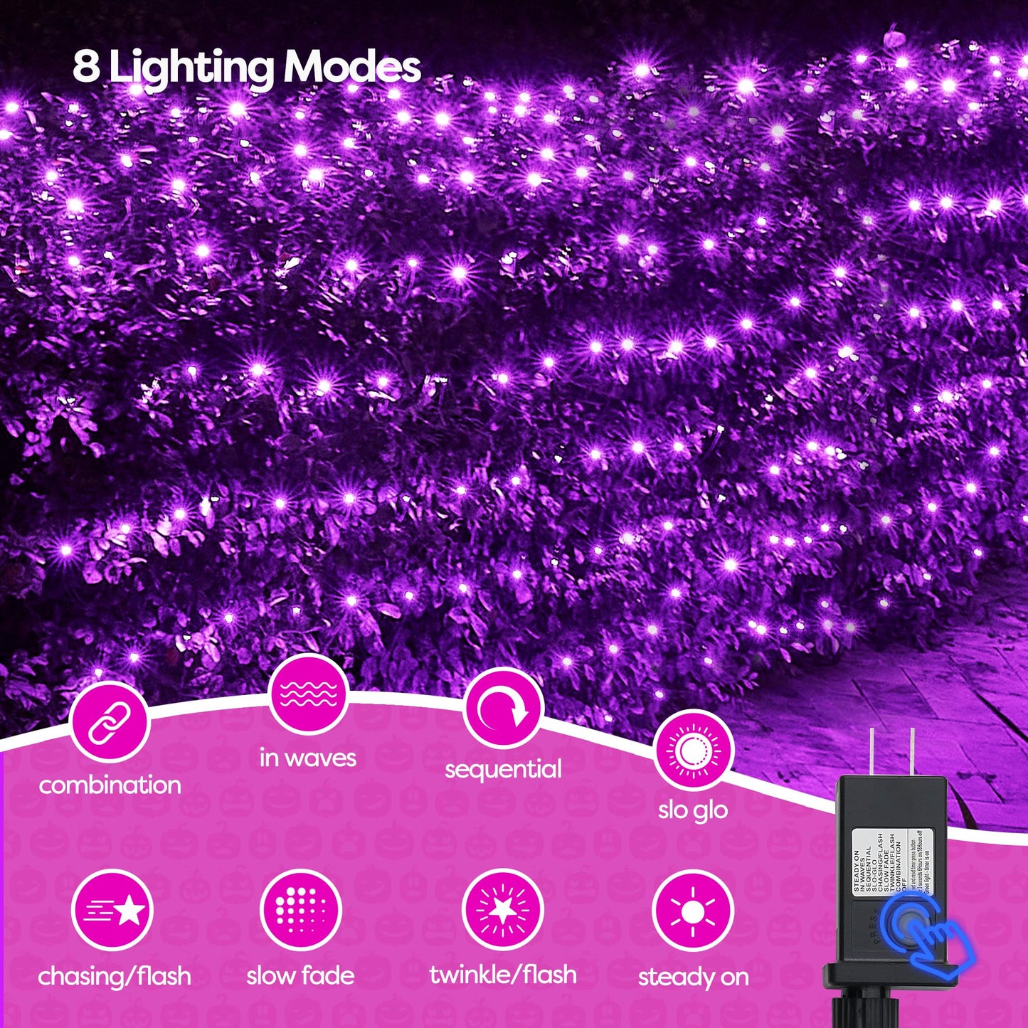 WBao Halloween Lights Outdoor 200LED F8 Big Bulbs, 8.4ft x 5.2ft Halloween Net Lights with 8 Modes, Timer, Connectable, Waterproof & Dark Green Wire for Lawn, Bushes, Trees Outdoor Decorations, Purple