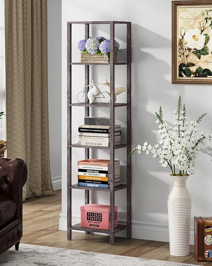 TUTOTAK Bookshelf, 6-Tier Tall Book Shelf, Narrow Bookcase for Small Space, DIY Stackable Bookshelf, for Living Room, Office, Study, Entryway, Industrial, Charcoal Grey BS01BY006