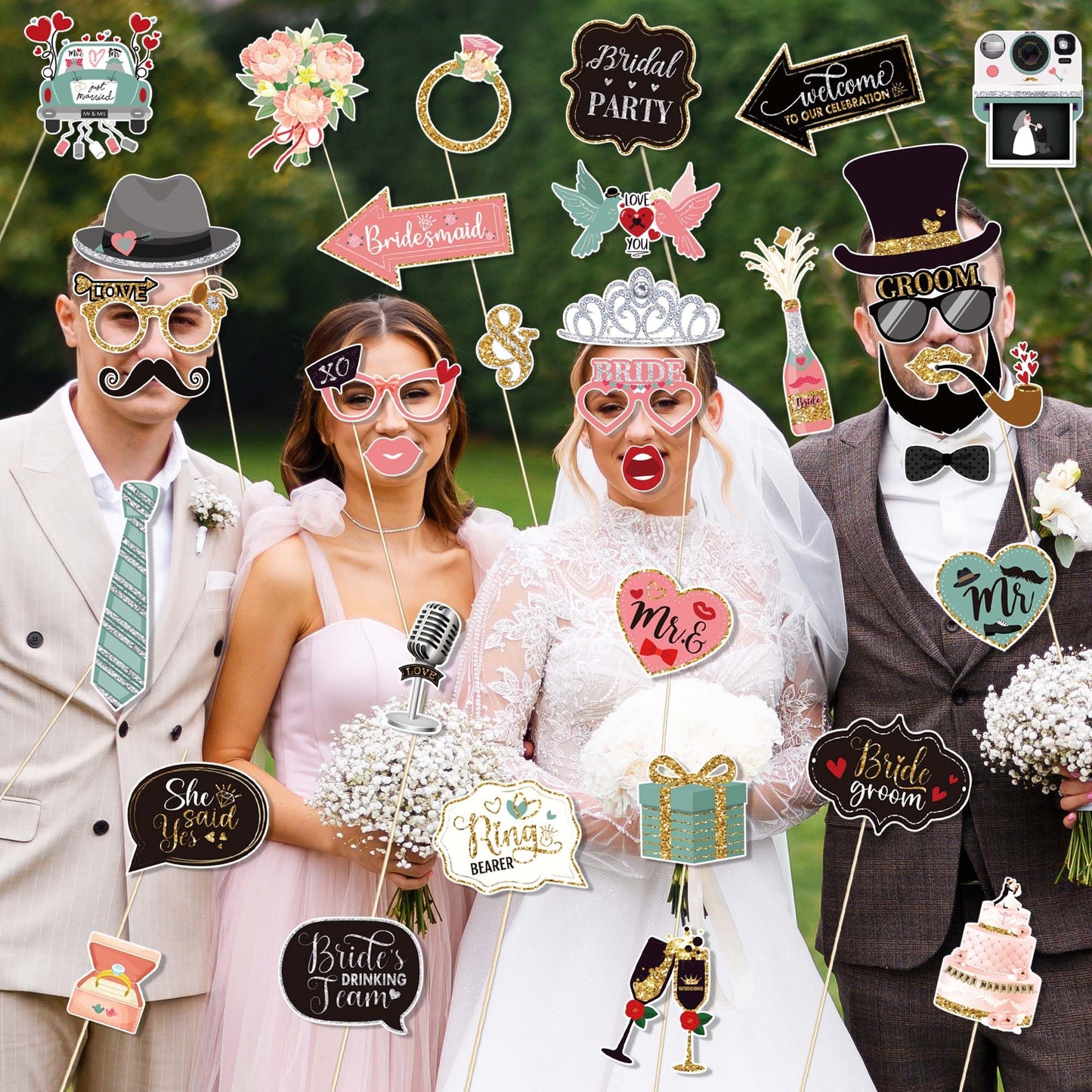 36 PCS Wedding Photo Booth Props Party Supplies Selfie SignsHoliday Picture Decorations Photo Booth Props for Weeding Party Favors Pose Sign Kit Fun for Party