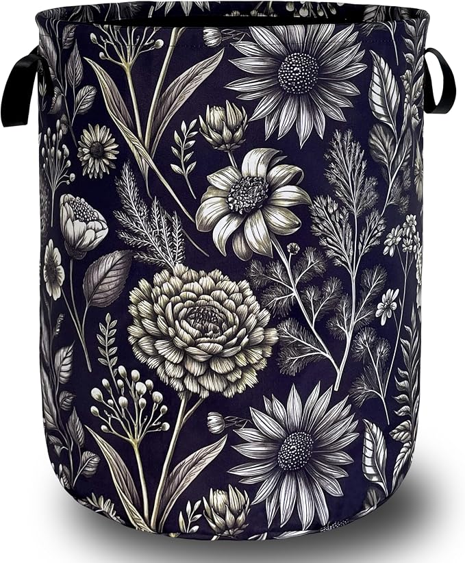 Vintage Floral Flowers Laundry Hamper Foldable Oxford Cloth Cute Laundry Basket With Handle Portable Clothes Storage Organizer Basket 18.9"x16.5" Storage Bag For Laundry Room/Bathroom/Bedroom