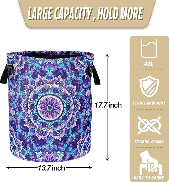Mandala Laundry Basket Beautiful Flowers Foldable Oxford Cloth Funny Tote Bag Laundry Hamper Clothes Storage Bucket Organizer For Bathroom/Laundry Storage/Bedroom 18.9x16.5 Inch