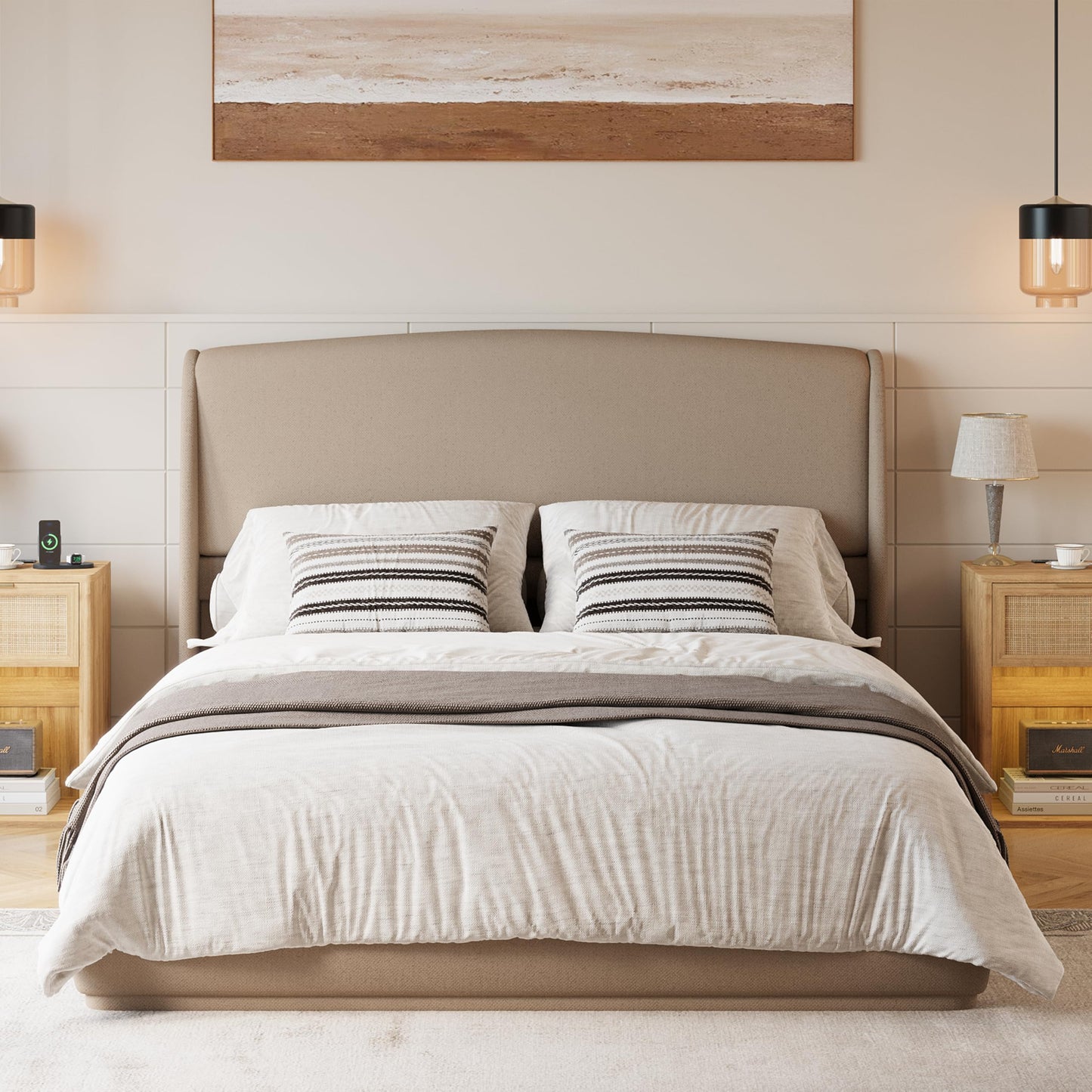 Merax Upholstered Queen Bed Frame with Wingback Headboard, Linen Fabric Platform Bed, Low Profile, Wood Slat Support, No Box Spring Needed, Easy Assembly, Brown