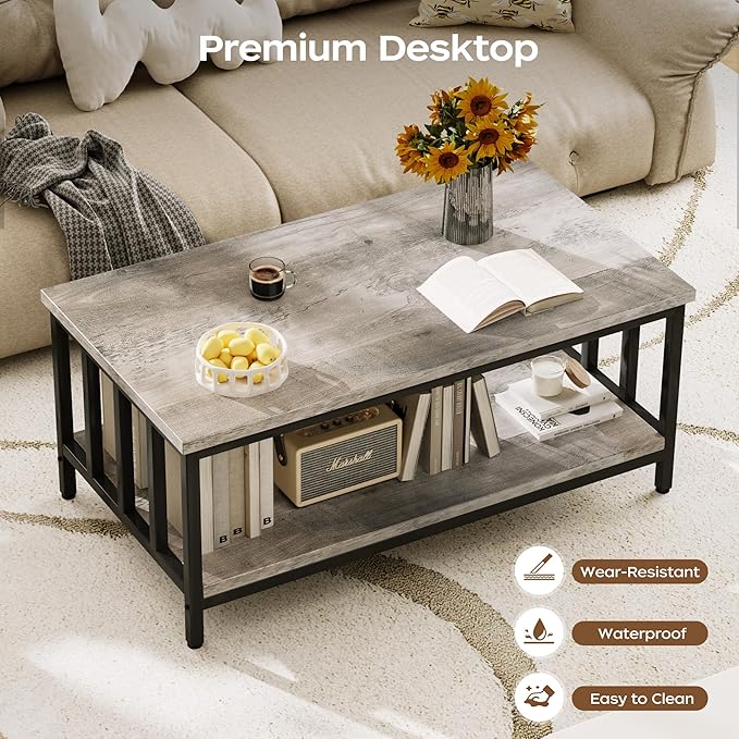 Homeiju Coffee Table for Living Room with Slatted Sides Frame, Modern Farmhouse Living Room Table with 2-Tier Storage Shelf for Home Office, Apartment, Grey Wash, 39 inch