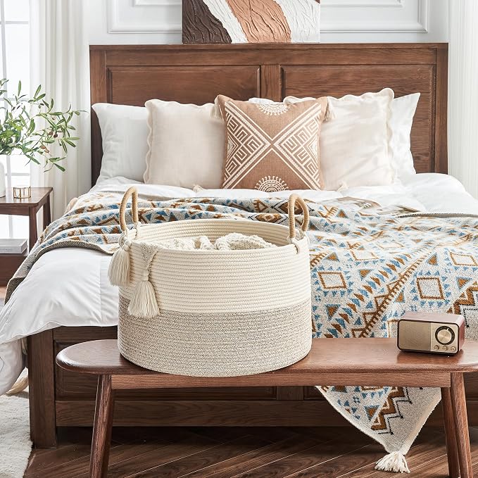 KAKAMAY Cotton Rope Storage Basket (20"x13"),Woven Hamper for Blankets,Toys,Pillows,Clothes,Laundry,Sturdy Handles Decorative Basket for Living Room, Bedroom,Nursery(Beige)
