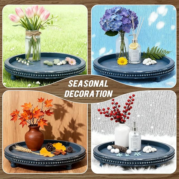 Handmade 12 Inch Decorative Tray, Small Beaded Tray Coffee Table Decor, Blue Decorative Display Risers for Coffee Table, Dining Room Entryway and Living Room