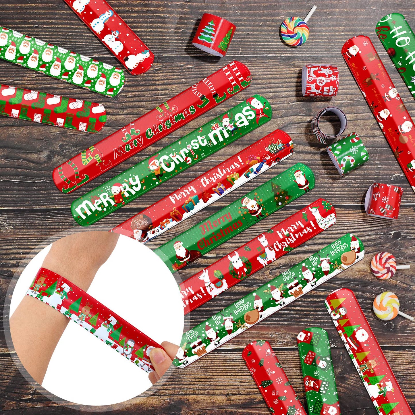 Durony 48 Pieces Christmas Slap Bracelets Xmas Slap Wristbands Bulk Assorted Christmas Theme Pattern for Party Favors Gift Bag Fillers