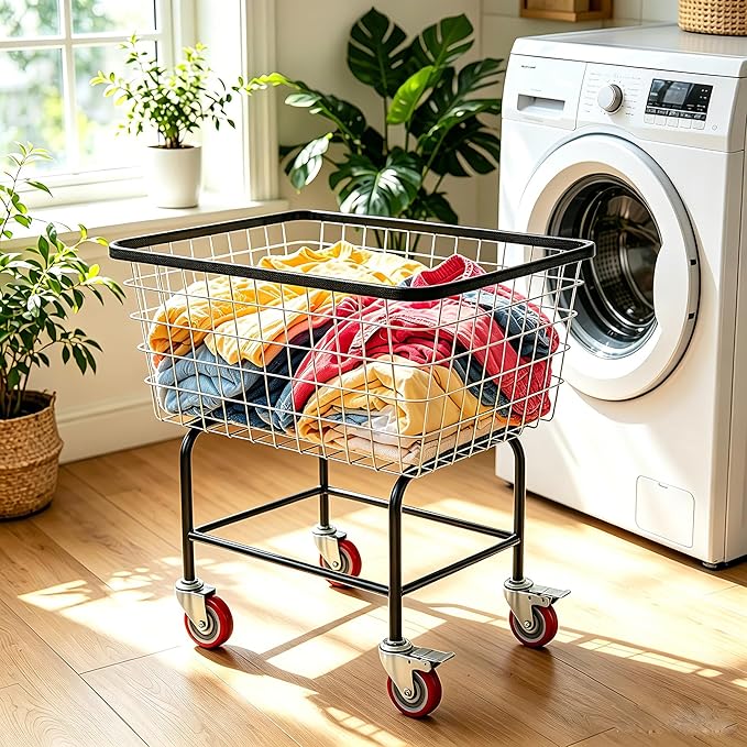 4.5-Bushel Rolling Laundry Cart with Wheels Durable Metal Wire Laundry Basket Heavy-Duty Large Steel Storage Basket with Galvanized Finish, for Commercial or Home Laundry Use