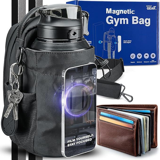 Magnetic Gym Bag with Magnetic Phone Holder for Gym Members - Strong Magnet Attaches to Gym Equipment - Holds Water Bottle, Smartphone & Gear - Gym Must Haves for Influencer Videos