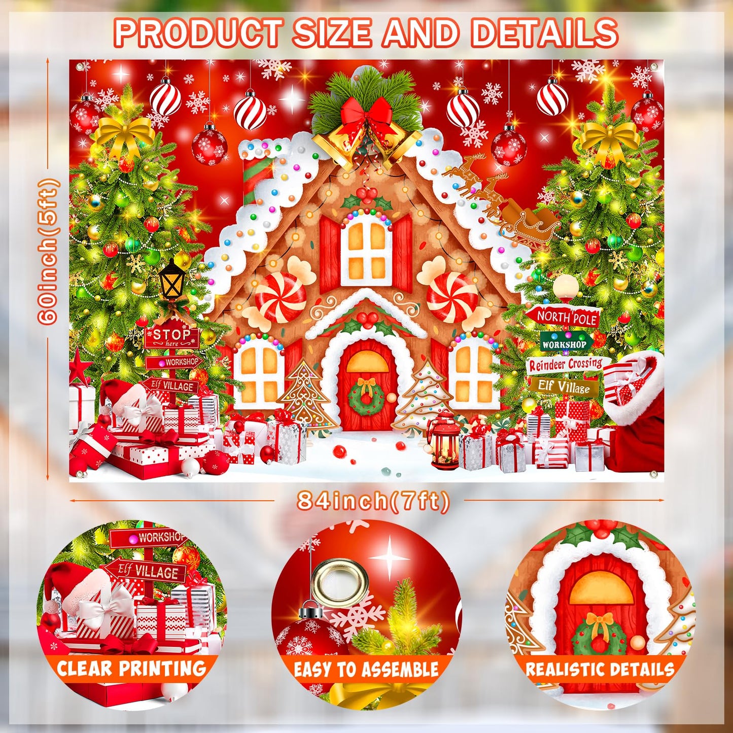 Christmas Backdrops for Photography, Gingerbread House Photo Backdrop for Wall Photoshoot, Xmas Background Holiday Party Decorations 7x5ft
