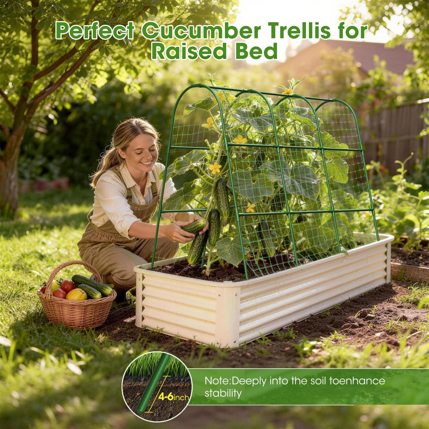 MQHUAYU Cucumber Trellis for Raised Bed,U-Shape Garden Trellis for Climbing Plants Outdoor, Metal Arch Vegetables Trellis, Plant Support for Vine (Green, 47.2x47.2 X21.6)