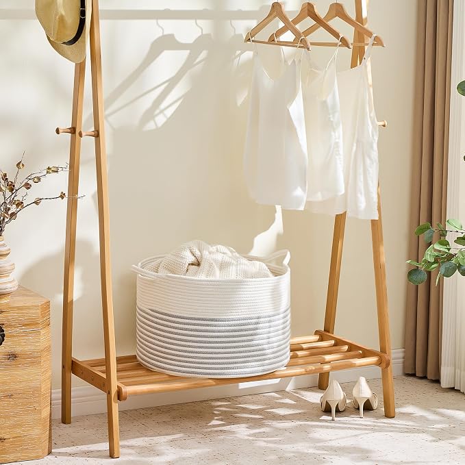 KAKAMAY Cotton Rope Storage Basket (20"x13"),Woven Hamper for Blankets,Toys,Pillows,Clothes,Laundry,Sturdy Handles Decorative Basket for Living Room, Bedroom,Nursery(Grey/Beige)