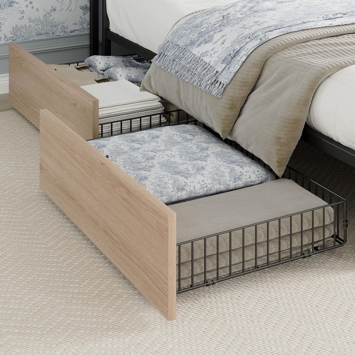 LIKIMIO King Bed Frame with 4 Storage Drawers, Platform Bed with Charged Headboard, Sturdy and Stable, No Noise, No Box Spring Needed, Easy Install, Wood and Cream